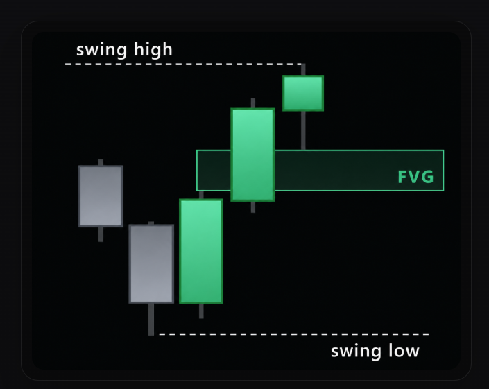 ICT course illustration showing a fair value gap between a swing low and swing high